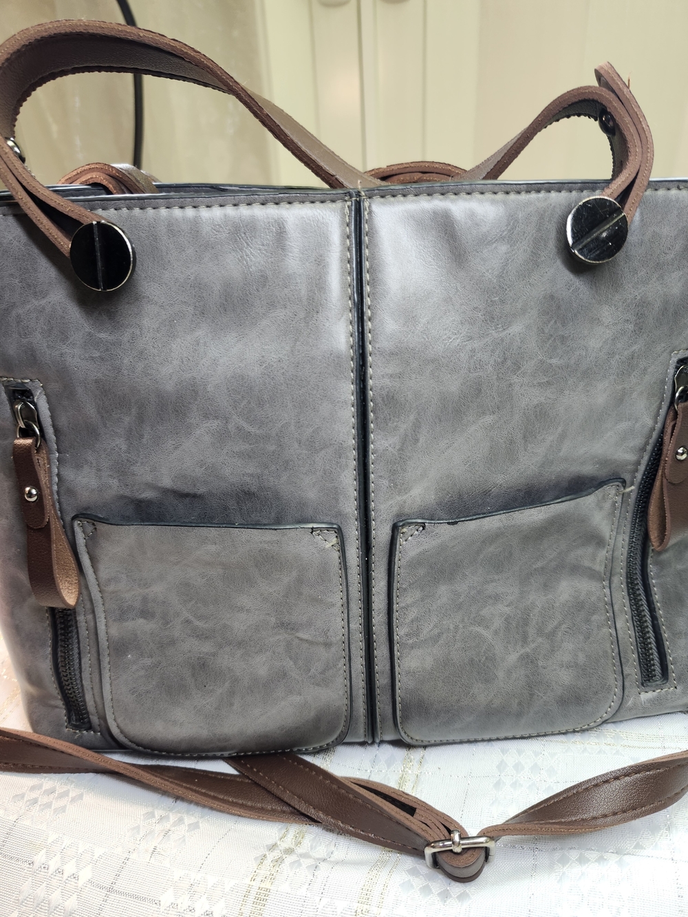 IVY and FIG Modern Gray Shoulder Tote with Brown Accents - Women Bags